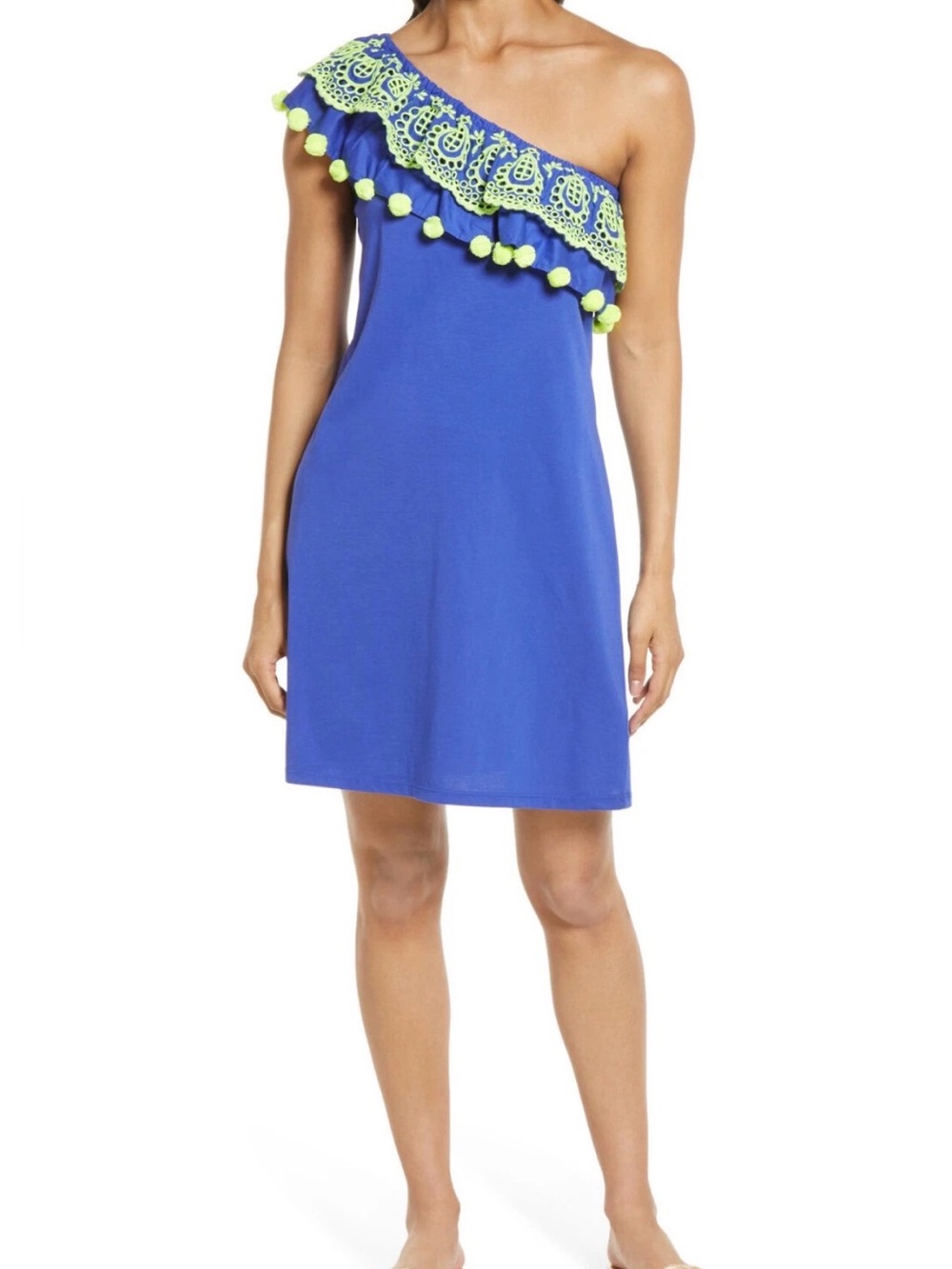 Lilly Pulitzer Idara One-Shoulder Ruffle Dress - Corsica Blue Embroidered Pom L